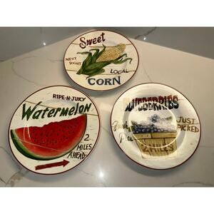 Home Trends Set Of 3 Farm Fresh 8 Inch Plates Blueberries Watermelon Sweet Corn